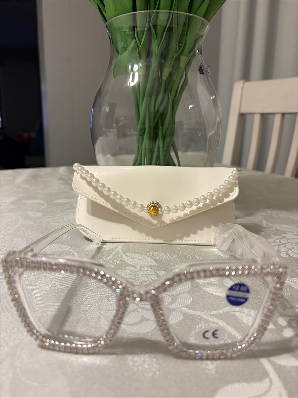 Diamond studded Glasses +2.00 Case& Neck Hanger “anti-blue light” New